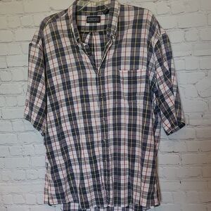 Men'sw Lands' End Size XL Blue Yellow Plaid Seersucker Short Sleeve Shirt